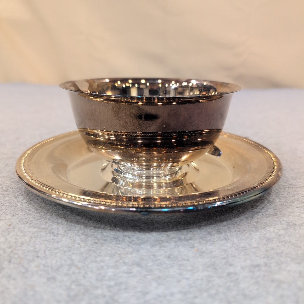 Oneida Silverplate Sherbet Cup and Underplate Set Beaded Rim USA Vintage - Picture 4 of 8